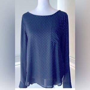 LOFT Navy Blue Relaxed Long Sleeve Blouse with Kelly Green Polka Dots and Pocket